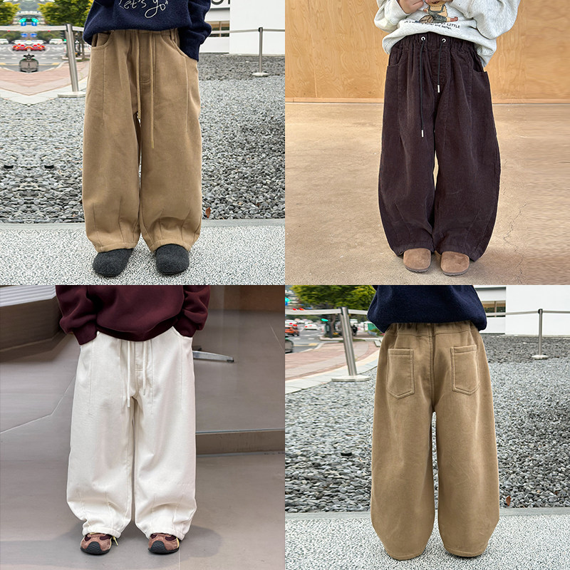 依依妈男童拼接加绒灯芯绒休闲裤儿童冬装宝宝宽松直筒纯色保暖裤