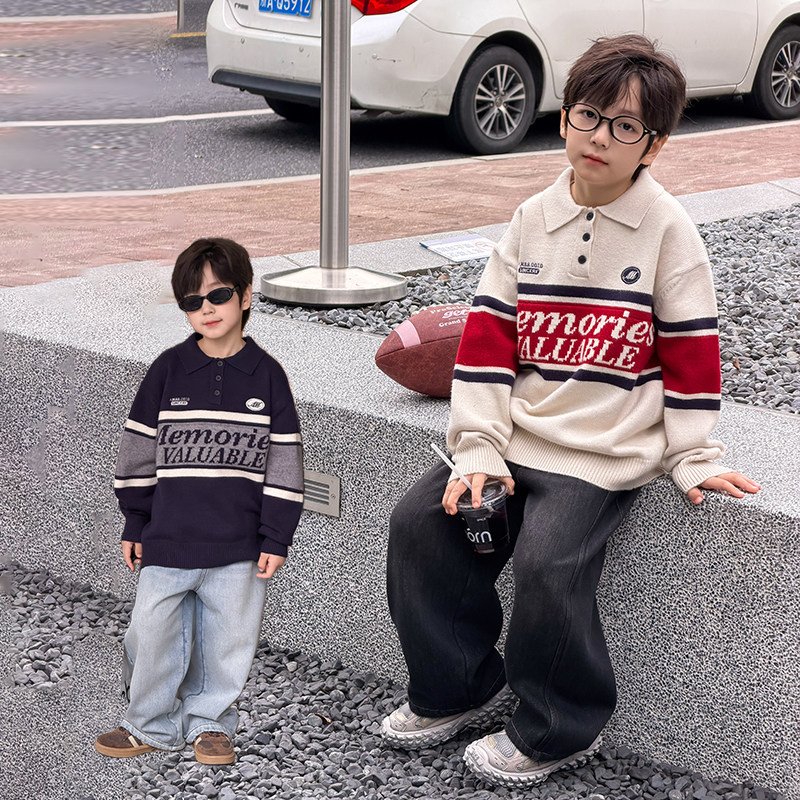 依依妈男童加厚刺绣毛衣儿童冬装上衣宝宝拼色polo领打底针织衫潮