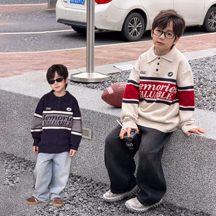 依依妈男童加厚刺绣毛衣儿童冬装上衣宝宝拼色polo领打底针织衫潮