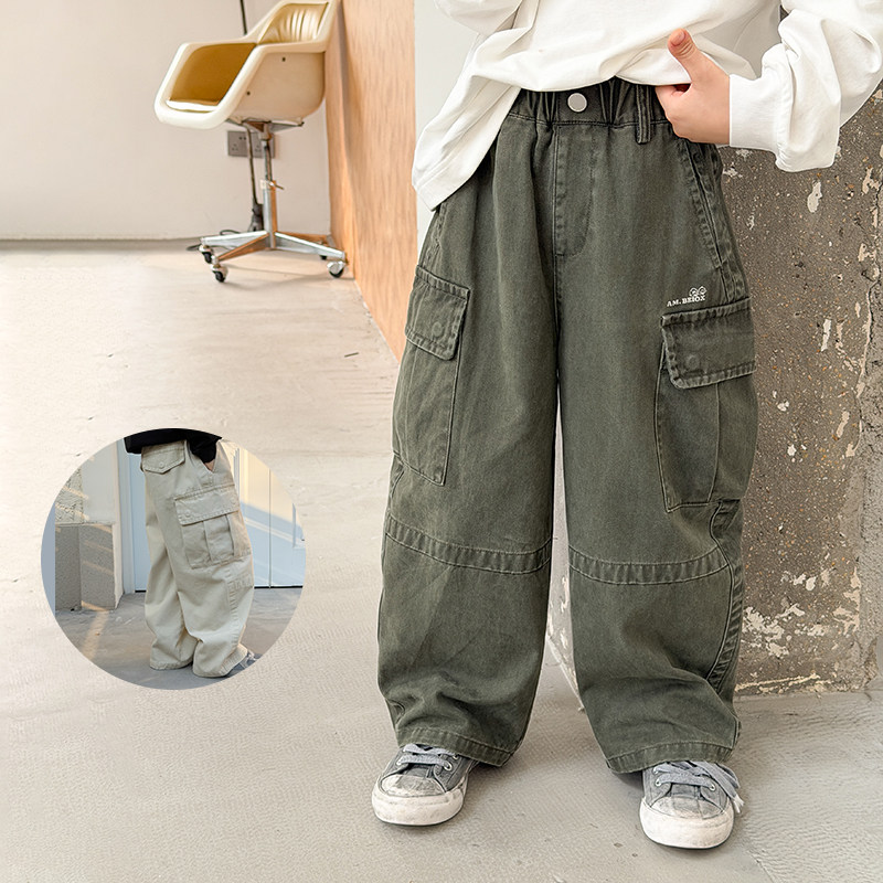 依依妈男童全棉工装裤儿童春装裤子宝宝宽松直筒字母拼接休闲裤潮