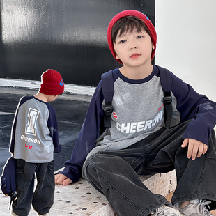 依依妈男童字母撞色全棉擦肩t恤儿童秋装宝宝宽松圆领休闲打底衫