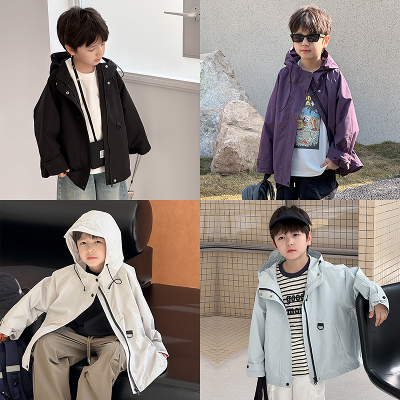 男童防水拼接连帽冲锋衣外套