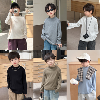 男童高弹纯色中高领打底衫t恤