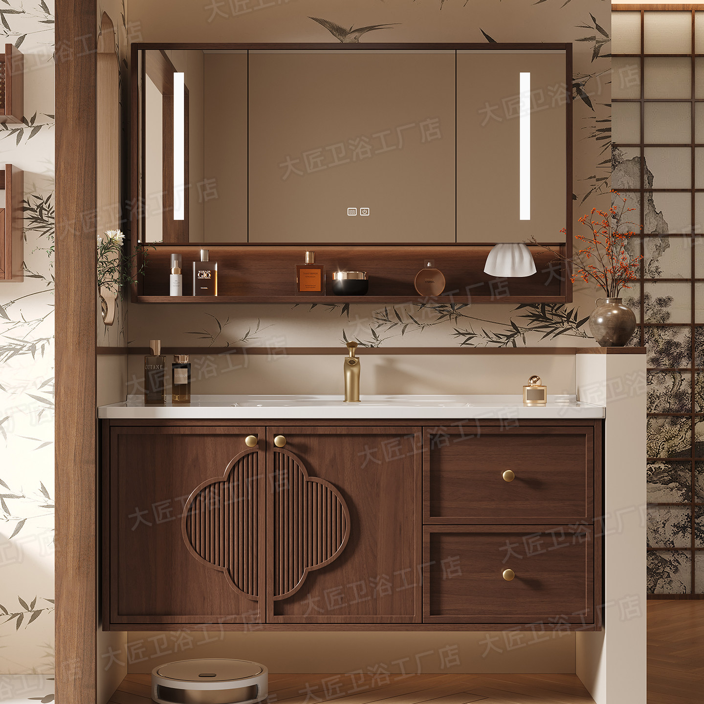 宋氏美学中古风橡木浴室柜组合智能卫生间洗漱台一体陶瓷盆洗脸盆