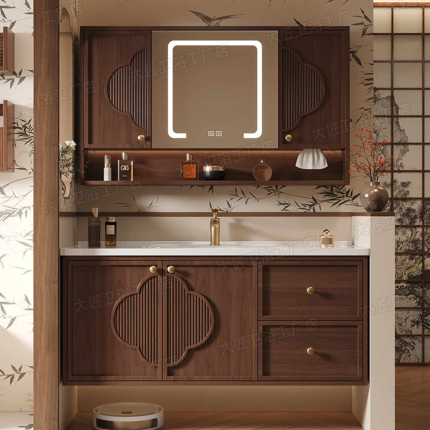 宋氏美学中古风橡木浴室柜组合智能卫生间洗漱台一体陶瓷盆洗脸盆