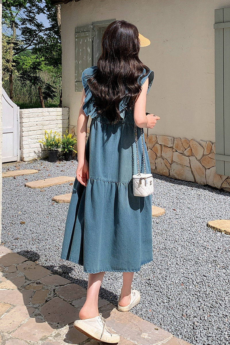 设计感复古小飞袖牛仔连衣裙女2025夏季新款小个子减龄宽松背心裙,女装连衣裙,2C311