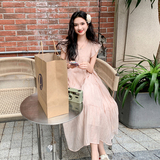 少女系甜美粉色小飞袖连衣裙女夏2025新款松弛感独特漂亮连身长裙，女装连衣裙，2C311