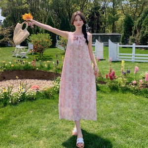 圆领印花立领夏季长裙高腰连衣裙甜美清冷新中式碎花显瘦气质复古图片