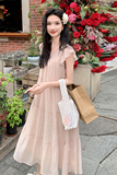 少女系甜美粉色小飞袖连衣裙女夏2025新款松弛感独特漂亮连身长裙，女装连衣裙，2C311