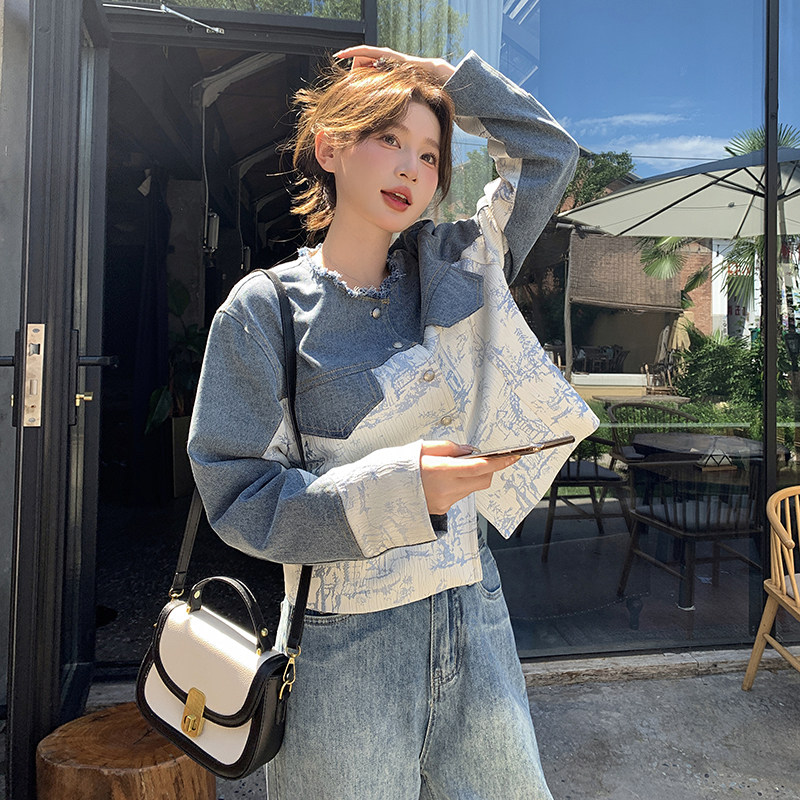 新中式提花国风牛仔套装女春秋季新款气质小个子夹克长裤子两件套,女装套装/套裙,2C311