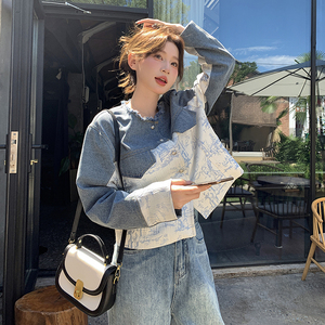 新中式提花国风牛仔套装女春秋季新款气质小个子夹克长裤子两件套图片