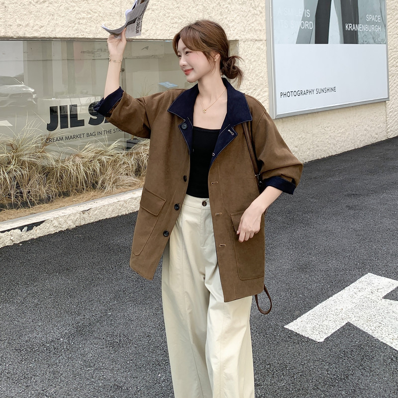 洋气减龄麂皮绒翻领外套女春秋2025新款小个子巨好看超火夹克上衣,女装风衣,2C311