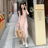 法式温柔风小飞袖粉色连衣裙女2025夏季新款宽松显瘦甜美仙女裙子，女装连衣裙，2C311