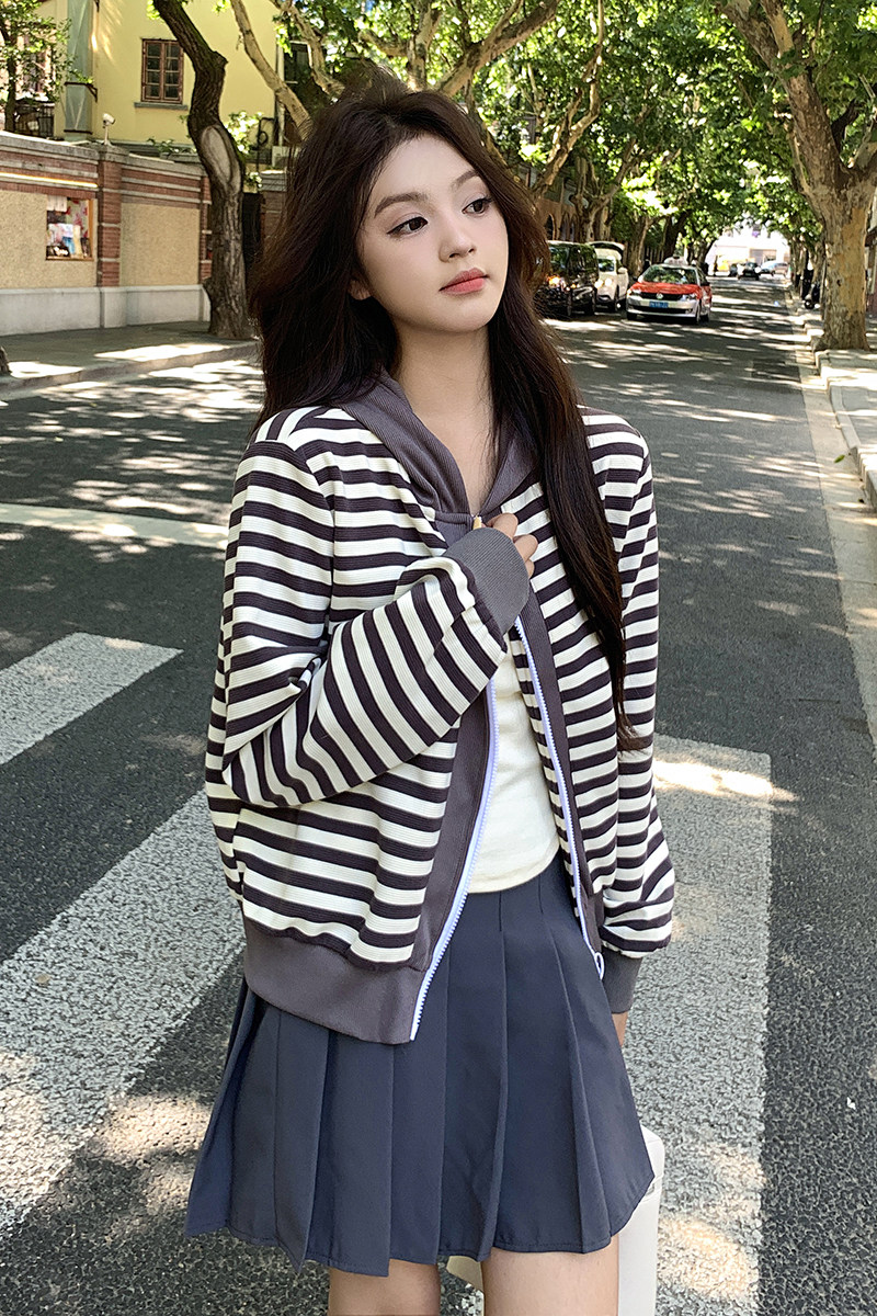 现货新款秋装条纹衫连帽卫衣拉链棒球服小个子学生外套P115K168,女装套装/套裙,2C311