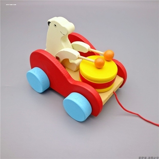 宝宝拉绳玩具车幼1岁 儿童小熊敲鼓拖拉车学步木质手拉线拉着走