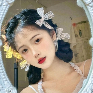 可爱仙气白色蕾丝蝴蝶结发夹丝带少女边夹侧边夹双马尾编发卡