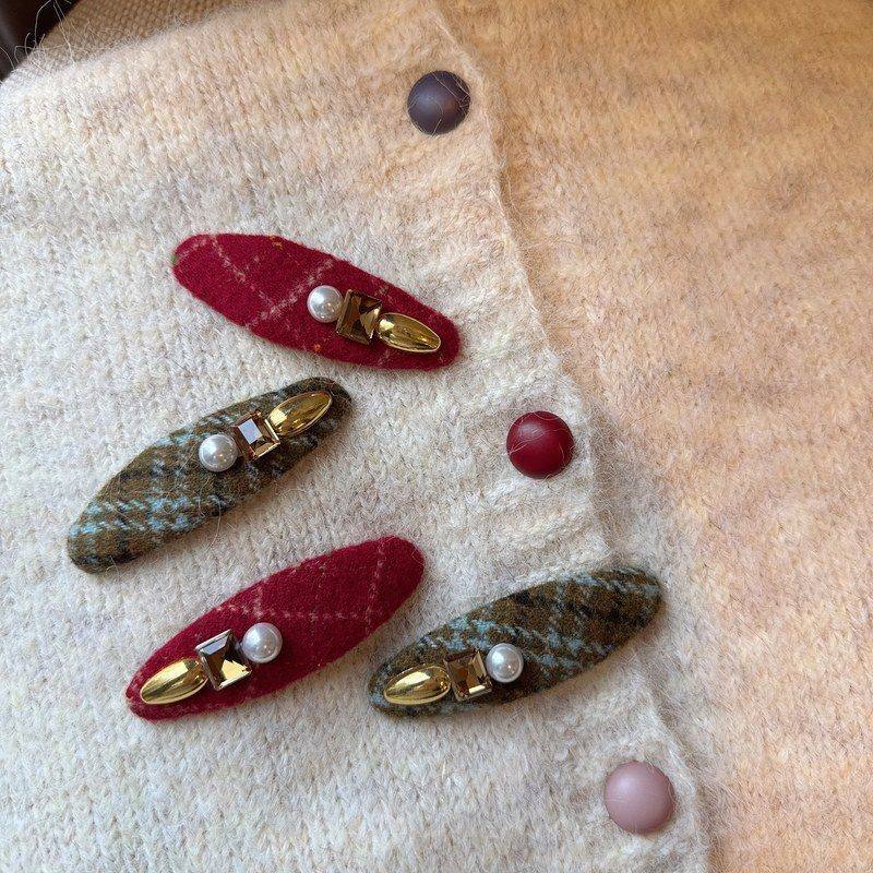 高级感气质格纹椭圆水钻侧边夹