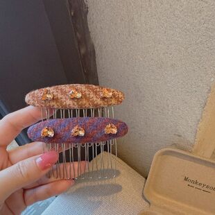 韩系复古格纹爱心水钻发梳前额刘海碎发插梳碎发盘发器倒插梳头饰