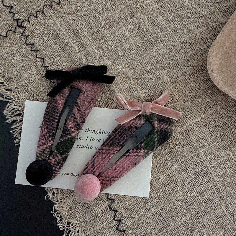 秋冬甜美经典粉色格纹蝴蝶结发夹