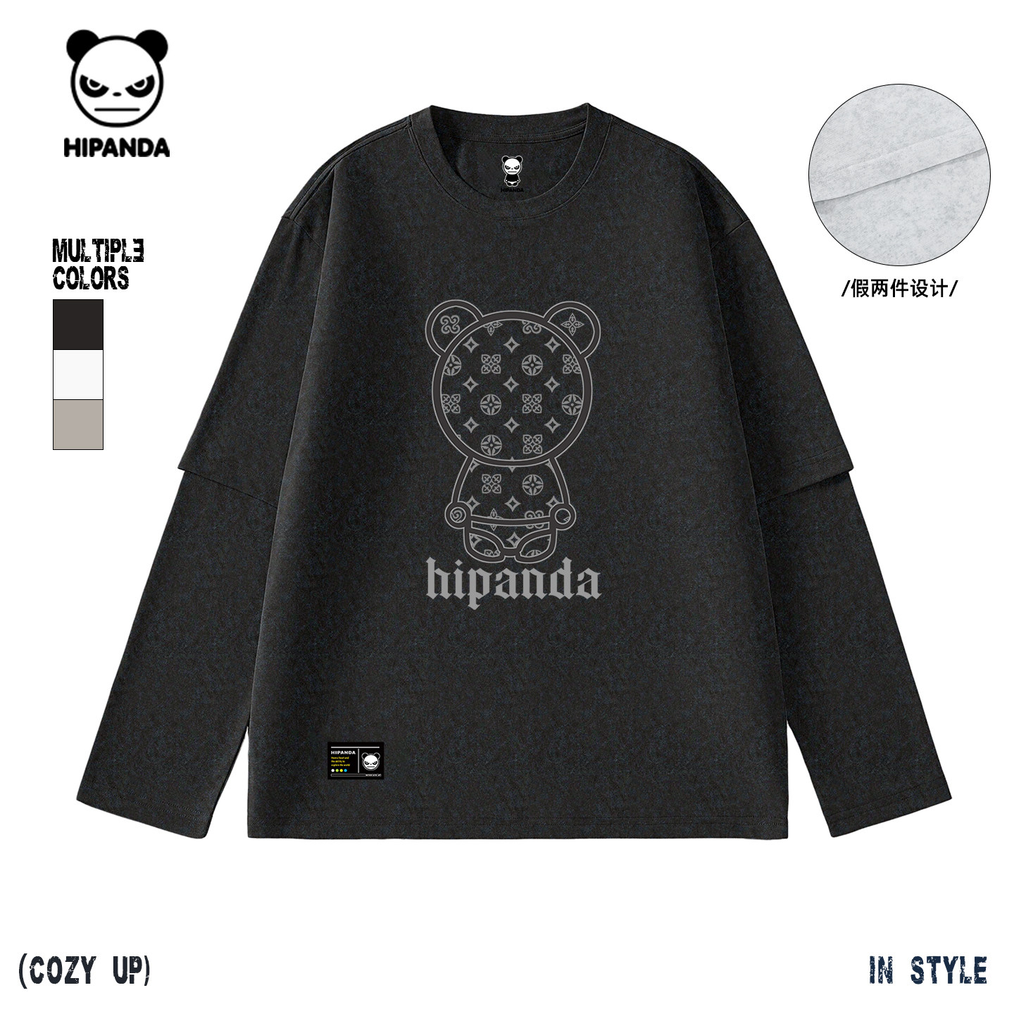 Hipanda你好熊猫假两件复古潮流蜡染圆领T恤2026春季新款长袖打底,男装,T恤,淘宝优惠券,粉丝福利购,淘宝优惠卷