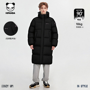 Hipanda你好熊猫潮牌简约中长款保暖加厚连帽羽绒服男2025秋冬款