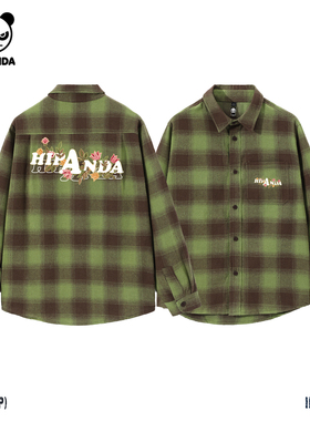 Hipanda你好熊猫复古格纹绿色翻领长袖宽松衬衣2025秋季新款衬衫