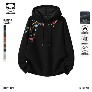 Hipanda你好熊猫复古设计感奥利绒连帽卫衣情侣帽衫2025冬季新款C