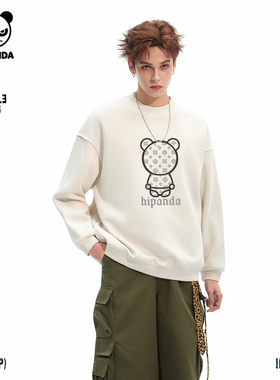 Hipanda你好熊猫复古小众加绒圆领保暖套头衫男2025冬季新款卫衣C