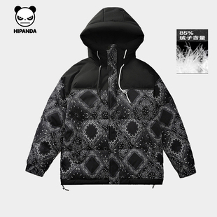 Hipanda你好熊猫鸭绒羽绒服字母涂鸦撞色拼接连帽外套2025冬新款