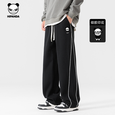 Hipanda你好熊猫垂感哈苏线拼色阔腿裤2026春新款潮男运动休闲裤