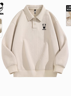 Hipanda你好熊猫潮牌美式重磅加绒提花翻领卫衣男情侣上衣2025冬