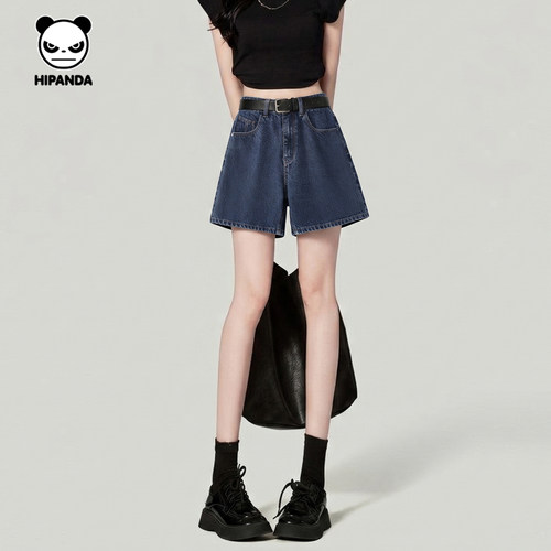 hipanda你好熊猫水洗牛仔短裤女夏外穿薄款2026高腰宽松阔腿热裤