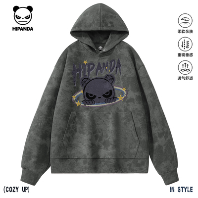 Hipanda你好熊猫美式街头涂鸦风重磅蜡染连帽卫衣2026春新款帽衫C