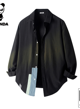 HiPanda你好熊猫秋季撞色长袖衬衫男士宽松潮牌衬衣休闲外套男GH