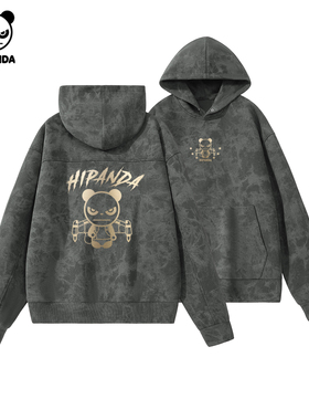 Hipanda你好熊猫复古烫金美式渐变蜡染连帽卫衣情侣2026春季新款C