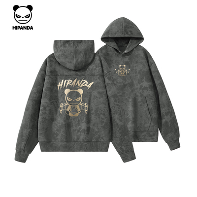 Hipanda你好熊猫复古烫金美式渐变蜡染连帽卫衣情侣2026春季新款C