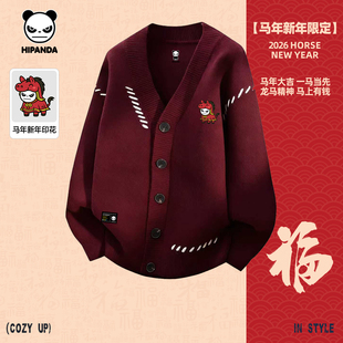 Hipanda你好熊猫潮牌复古撞色V领针织衫情侣开衫2026本命马年毛衣
