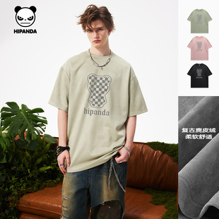 半袖 新款 T恤2025夏季 Hipanda你好熊猫麂皮绒棋盘格高街宽松短袖