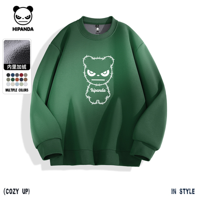 Hipanda你好熊猫个性加绒复古痞帅高街圆领卫衣男2025冬款套头衫C