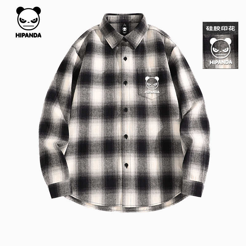 Hipanda你好熊猫潮牌格子翻领衬衫男宽松长袖衬衣2026春季新款,男装,衬衫,淘宝优惠券,粉丝福利购,淘宝优惠卷