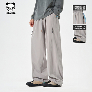 Hipanda你好熊猫灰色宽松阔腿裤男潮牌休闲直筒长裤2026春夏新款