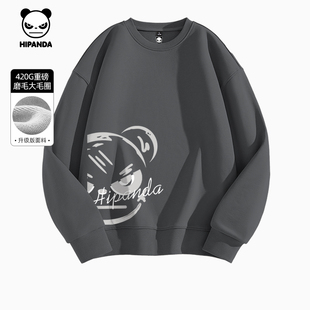 Hipanda你好熊猫重磅加绒潮牌卫衣男2025冬季 青少年无帽圆领上衣