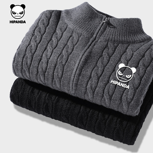 Hipanda你好熊猫毛衣立领拉链高街立领情侣2025冬针织衫外套男女