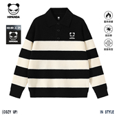 Hipanda你好熊猫复古条纹撞色翻领polo领针织衫 男女2025秋冬新款