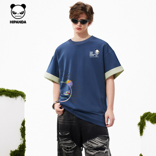 体恤男小众t恤2025夏新款 Hipanda你好熊猫复古做旧美式 拼色短袖