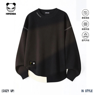 Hipanda你好熊猫潮牌个性设计感拼色针织衫情侣毛衣2025秋冬新款