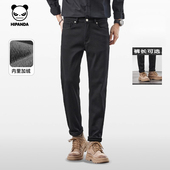 Hipanda你好熊猫修身 2025冬 男合身直筒小脚裤 美式 加绒黑色牛仔裤