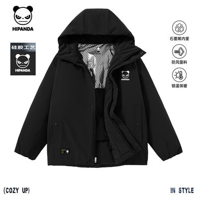 Hipanda你好熊猫潮牌高级感工装连帽保暖棉服男2025冬季新款棉袄