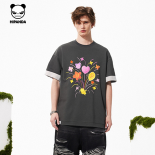 Hipanda你好熊猫复古涂鸦手绘风做旧短袖 T恤C 体恤情侣2025夏新款