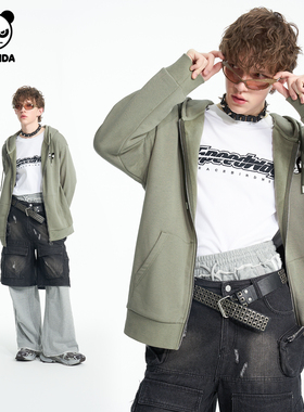 Hipanda你好熊猫潮420g重磅磨毛美式连帽外套男2026春季新款开衫C